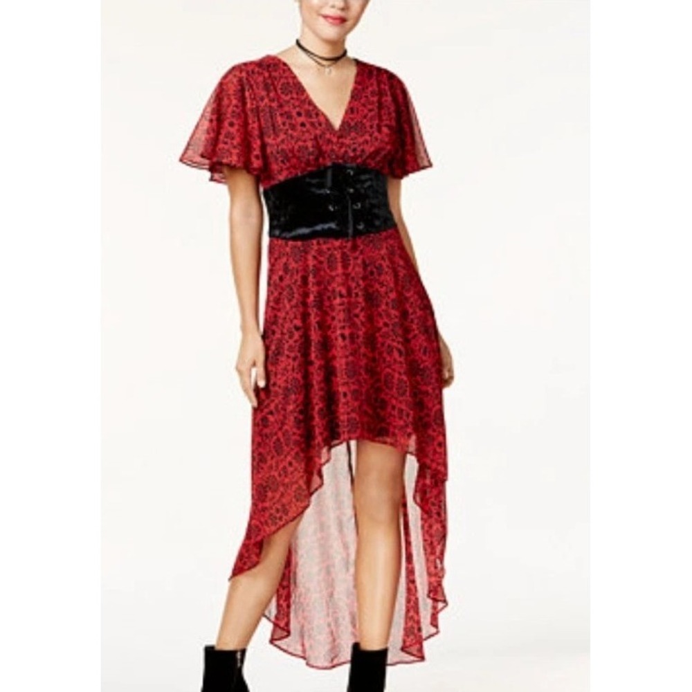 Womens Red Black Hi Low Dress Sz Small Milkmaid Coquette Snow White Fairy Gothic